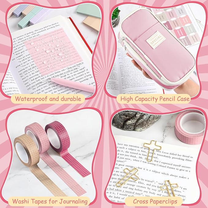 137 Pcs Bible Study Supplies Journaling Kit 1 Pencil Case 12 Highlighters 4 Sticky Notes 6 Gel Pens 35 Paper Clips 3 Tapes 1 Markers 75 Tabs for Christmas Bible School Gifts(Pink)