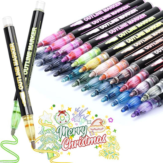 24Colors Outline Glitter Markers, Coloring Gel Pens for Stocking Stuffers, Colored Drawing Pens for Christmas Gifts, Glitter Gel Pens Shimmer Markers for Art Supplies