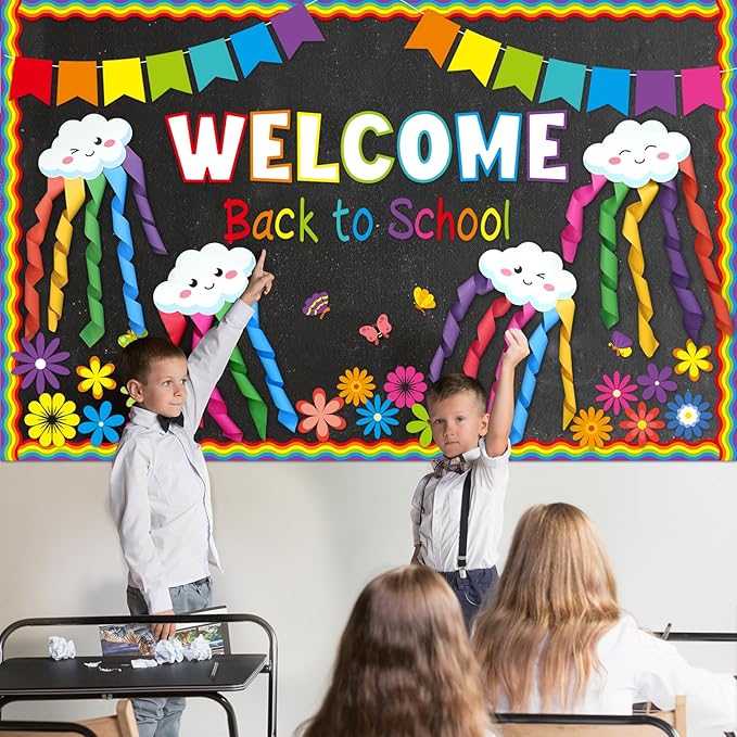 3D Back to School Bulletin Board Set Welcome Rainbow Classroom Decorations Classroom Flower Paper Cutouts for Cloud Paper Streamers Chalkboard Wall Door Decor Teacher Supplies