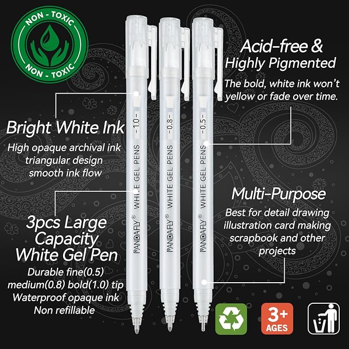 PANDAFLY White Gel Pens, Fine, Medium & Bold Tip Ink Pens for Journaling, Art, or Drawing - For Art Gifts, Holiday Gifts & DIY Projects, White Ink, 05/08/10mm Assorted Tip Sizes - 3 Pack