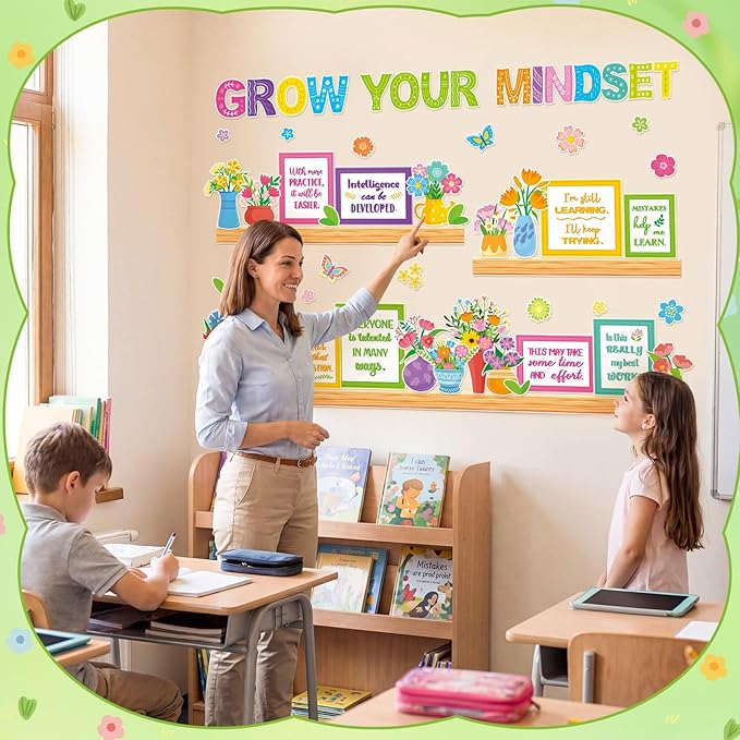 Qilery Grow Your Mindset Bulletin Board Set Spring Floral Classroom Decorations - Motivational Potted Plant Flower Cutouts for Teachers - Positive Affirmations Wall Art for Elementary School Counselor