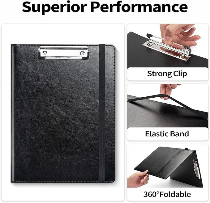 Sooez Premium PU Leather Padfolio Clipboard with Notepad, Letter Size, Black