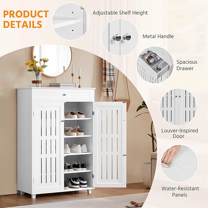Yaheetech Shoe Cabinet, 5-Tier Shoe Rack Organizer with 1 Drawer, Freestanding Wooden Shoe Storage Cabinet with 2 Louvered Door & Adjustable Shelves for Entryway Hallway, White