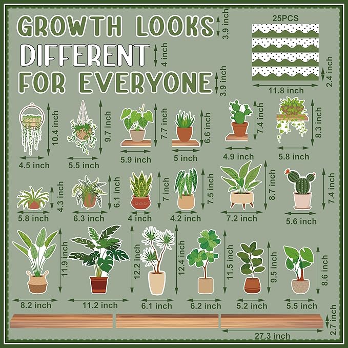 78 Pcs Greenery Classroom Bulletin Board Decorations Motivational Plant Classroom Decor Potted Plant Bulletin Board Set Greenery Inspirational Paper Cutouts for Back to School Office Home Wall Decor