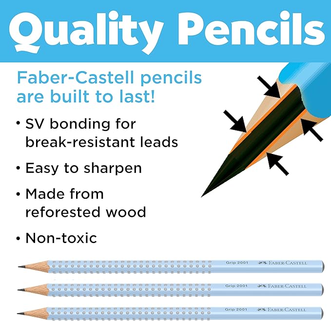 Faber-Castell Grip Graphite Pencils & Accessories Set, Sky Blue – 3 Drawing Pencils (B), Pencil Set for Sketching and Drawing, Art Pencils for Kids, Sketching Supplies