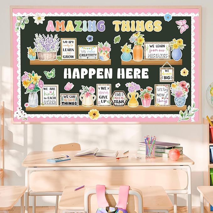 74pcs Spring Bulletin Board Decorations Set Flower Bookshelf Bulletin Board Amazing Things Happen Here Paper Cutouts Floral Cards Motivational Cutout Classroom Decor for Classroom School Offices