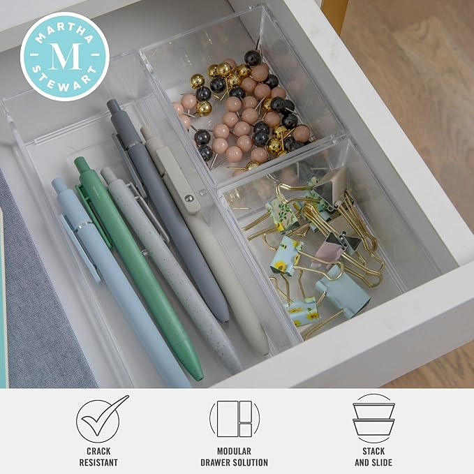 Martha Stewart Brody Desktop Storage Organizer, Stack and Slide Plastic Organizer Tray, Organizer for Office, Kitchen, or Vanity, 2-S, 1-M