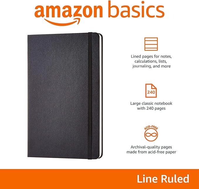 Amazon Basics Classic Lined Writing Notebook for Note Taking and Journaling, Hardcover with Elastic Closure, 240 Pages, 5" x 8.25", Black