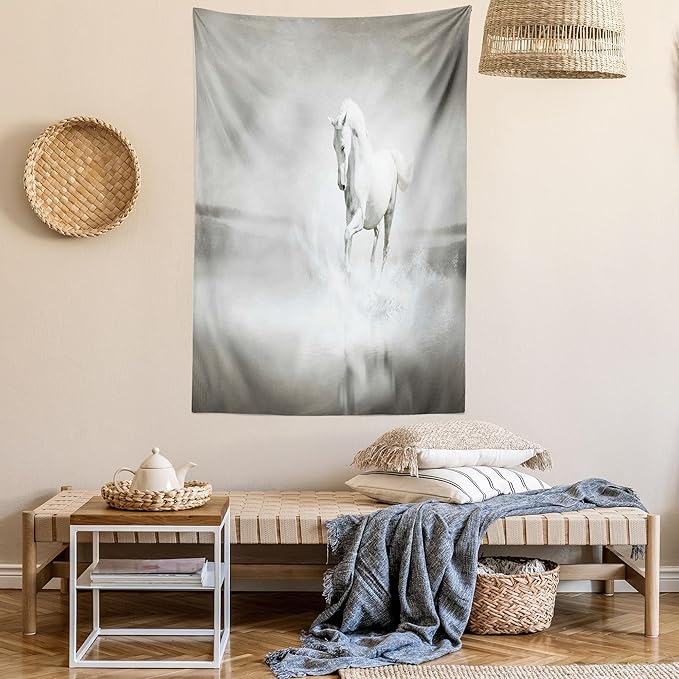 Ambesonne Horses Tapestry, Wild Horse Running Through Water Dramatic for the Motivation of Life Art, Fabric Wall Hanging Decor for Bedroom Living Room Dorm, 23" X 28", Black and White