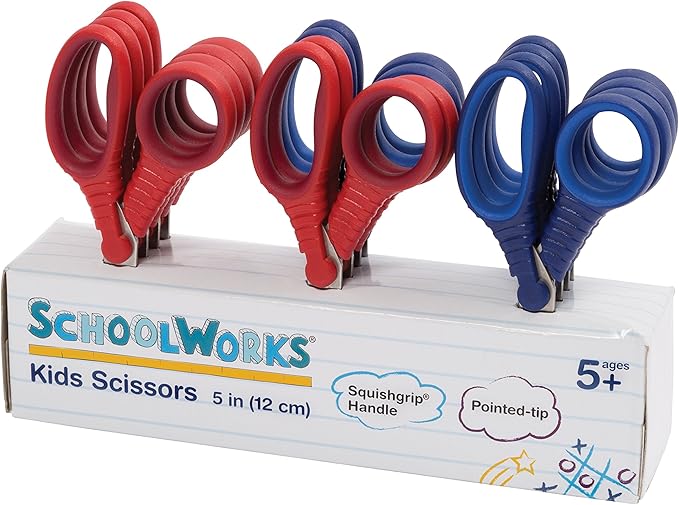 Fiskars Schoolworks 5" Scissors for Kids Ages 4-7 (12-Pack), Pointed-Tip Scissors for Kids, Back to School Supplies, Red and Blue