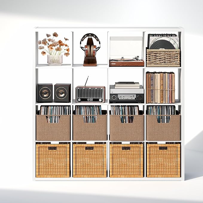 Furinno Cubicle Record Player Stand with Vinyl Storage, 16-Cube 1.2 Extra Thick Vinyl Record Storage, Open Back Media Shelf for CD DVD Blueray Game Disc, for Living Room, Home Office, White