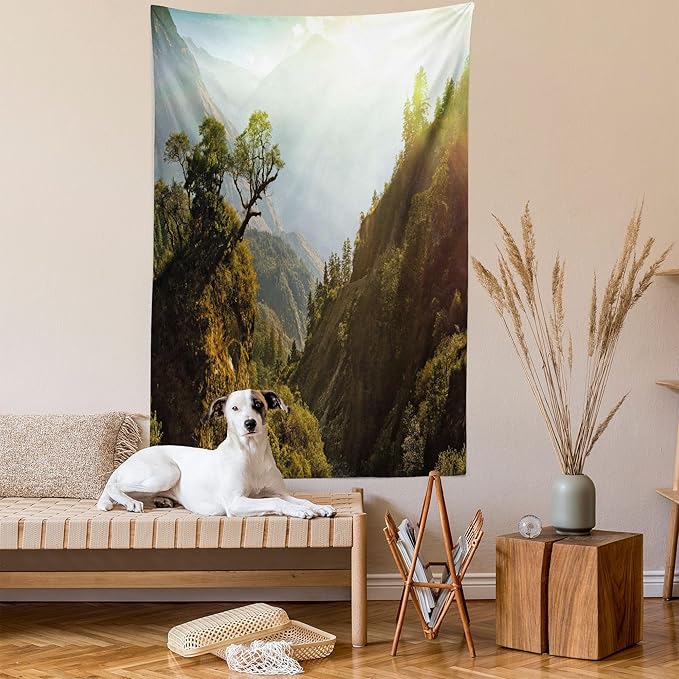 Ambesonne Landscape Tapestry Twin Size, Forest Nepal Himalaya Mountains Sunlight Majestic Scenery Nature Photo, Wall Hanging Bedspread Bed Cover Wall Decor, 68" X 88", Green Pale Yellow