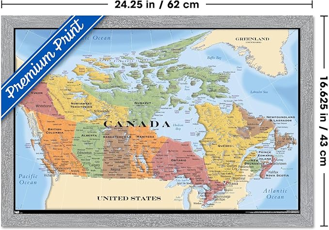 Map - Canada Wall Poster, 22.4L" x 14.7W", Gray Framed Version