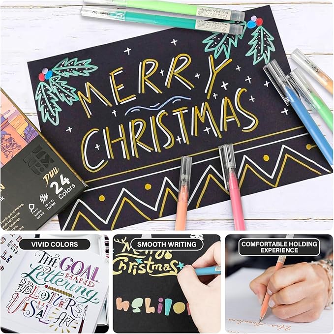 24 Colors 3D Acrylic Gel Pens & Black Paper Sketchbook for Drawing, 1mm Fine Point Acrylic Ink Pen, Opaque Archival Bright Ink Pens for Black Paper Drawing, Sketching, Illustration, Card Making