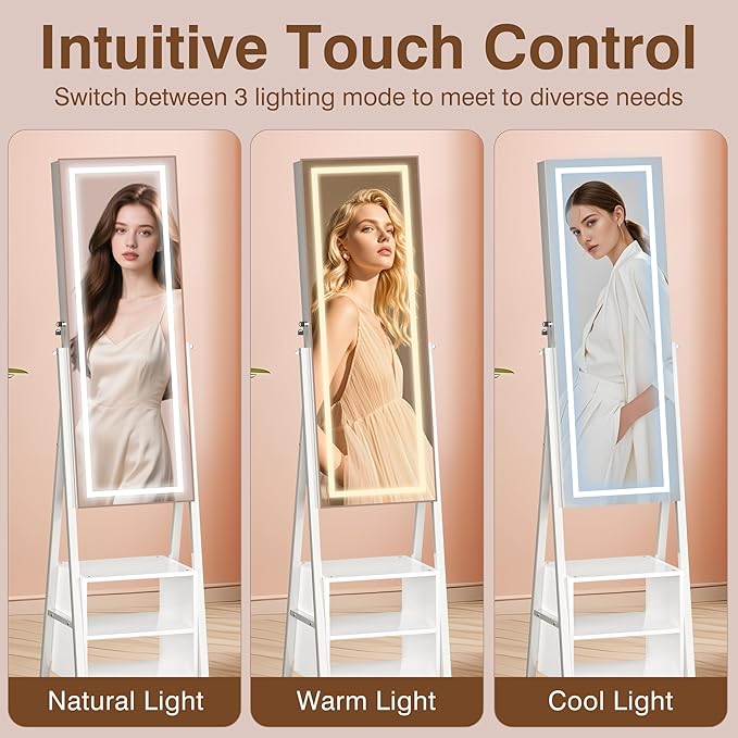 VECELO Jewelry Cabinet with Lights, 63" Full Length Mirror with Jewelry Storage, Lockable Standing Jewelry Mirror Cabinet, 3 Colors Mode, Powered By USB, White