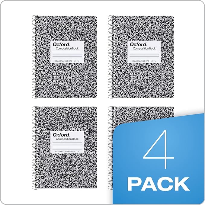 Oxford Spiral Composition Notebooks, 4 Pack, Wide Ruled Paper, 9-3/4 x 7-1/2 Inches, 80 Sheets, Black Marble Cover (64950)
