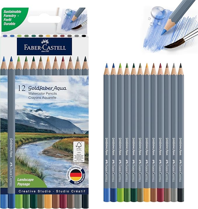 Faber-Castell Goldfaber Aqua Watercolor Pencils: Landscape Colored Pencils for Portraits, Dual Use Wet or Dry, Break-Resistant Cores, Art Supplies for Teens & Adults (12 Count)