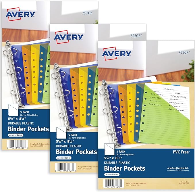 Avery Mini Binder Pockets for 3 Ring Binders and 7 Ring Binders, Assorted Colors, for 5.5" x 8.5" Documents, Acid-Free and Archival-Safe, 15 Binder Folders Total (3-Pack of 24467)