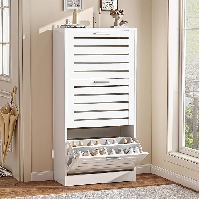 VECELO Slim Shoe Storage Cabinet with 3 Flip Drawers, Free Standing for Narrow Entryway, Modern Style, White (47.8" x 23.6" x 11.4")