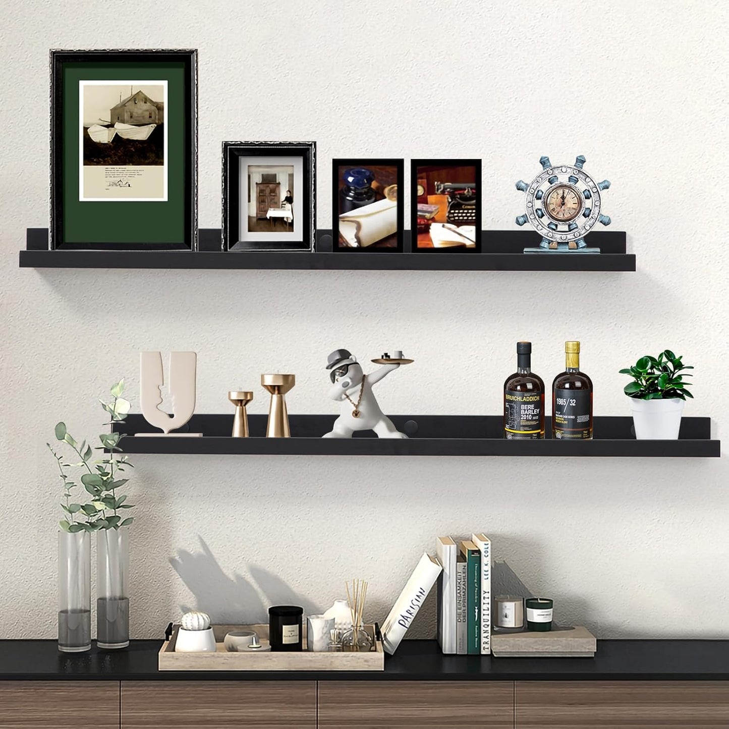 AZSKY Picture Ledge Shelf, Floating Shelves Set of 2, 48 Inches Picture Shelves for Wall with Ledge, Long Shelf Wall Mounted for Living Room Bedroom Decor Books Photo Frames - Black
