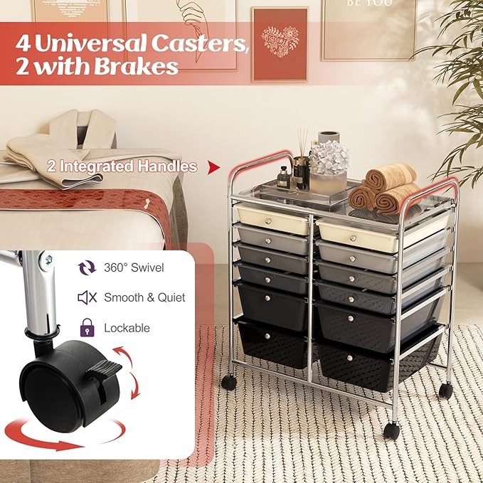 COSTWAY 12-Drawer Rolling Storage Cart, Moveable Art Craft Organizer W/Lockable Wheels, Metal Shelf, Files Arrangement Tools Makeup Storage Cart for Office, Home, School, Mixed Black
