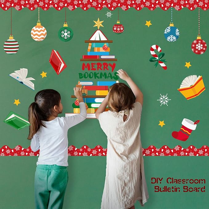 79pcs Christmas Bulletin Board Decoration Set,Xmas Tree Paper Cutouts Bulletin Board for Classroom Holiday Decorations School Reading Room Wall Door Xmas Decor