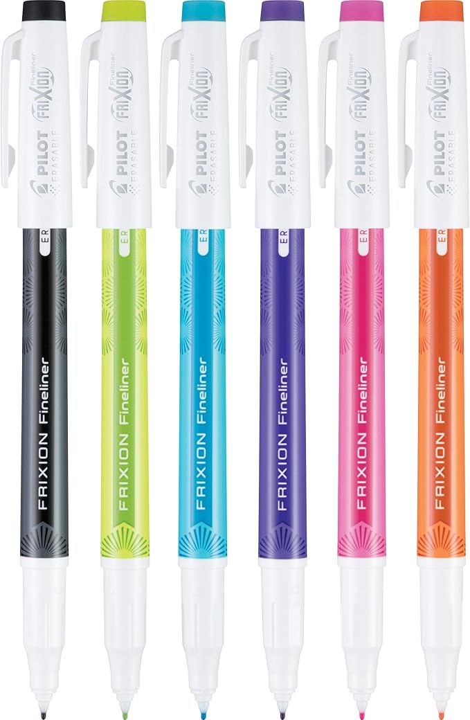 Pilot FriXion Fineliner Erasable Marker Pens, Fine Point 0.7 mm, Pack of 6, Vivid Colors, Erasable Pens - Ideal for School, Journaling, & Office Writing