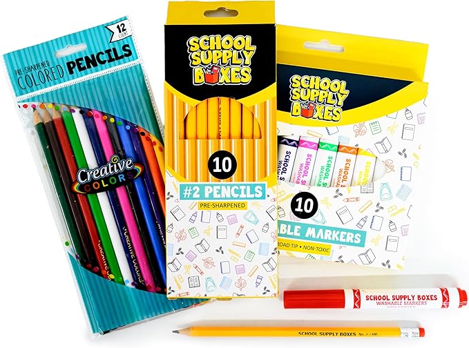 School Supply Boxes | K-5 Case (4 Boxes) | Back to School Essentials Kit for Students & Teachers | Includes Wide-Ruled Paper Products, Crayons, Markers, Colored Pencils, & More