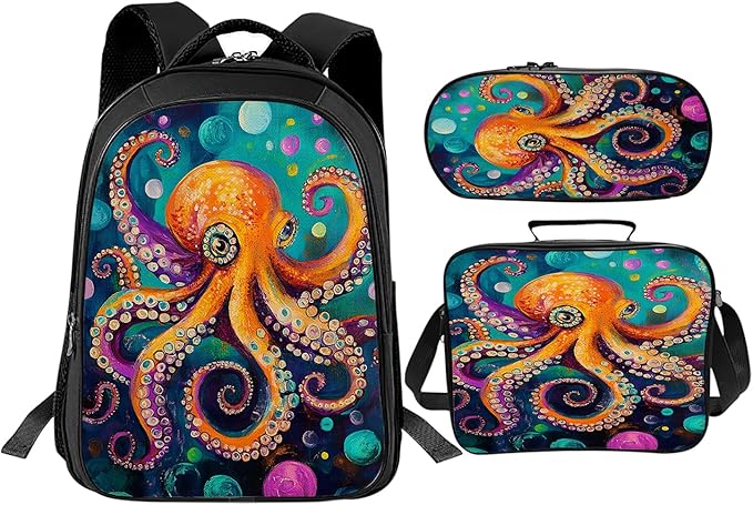 Octopus Backpack Set 3 Piece School Bags and Lunch Box with Pencil Case Octopus Bookbag Set for Toddler Kids Girls Boys Teens Kindergarten Elementary Middle