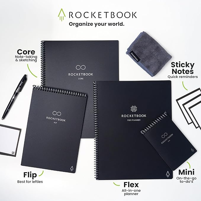 Rocketbook Reusable Sticky Notes, Restick and Reorganize Memo Pads, 3"x3", 16 Multi-Colored and 15 Black Sticky Notes, Includes Pen, Towel + Carrying Case (Kit of 2)