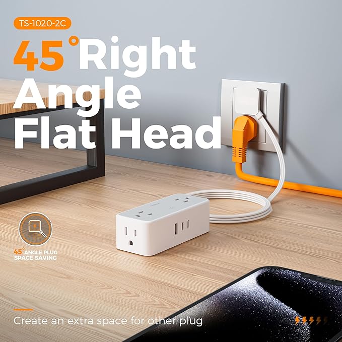 Flat Plug Extension Cord 5 FT, TESSAN Surge Protector Power Strip with 4 AC Outlets 3 USB Ports(2 USB C), 900 Joules Protection, Suitable for Home Office Dorm, Desk Organizers and Accessories