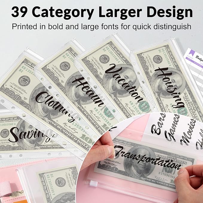 Sooez Laser Pink Money Organizer for Cash, A6 Budget Binder with Cash Envelopes, 39 Black Bold Sticky Labels & 24 Colorful Budget Sheets, Money Saving Binder for Budgeting