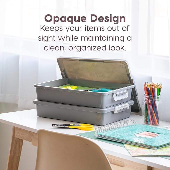IRIS USA 6 Qt. Plastic Craft Storage Container Bins with Lids, 2 Pack, Small Art & Office Supply Organizer Tote, Sensory Bins & Boxes for Home & University, Stackable, Secure Latch Buckles, Gray
