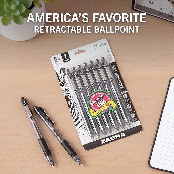 Zebra Pen Z-Grip Retractable Ballpoint Pen, Smooth-Flowing Black Ink, 1.0mm Medium Point, School & Office Supplies, Ideal for Note-Taking, Journal and Planner Use, 7-Pack (22271)