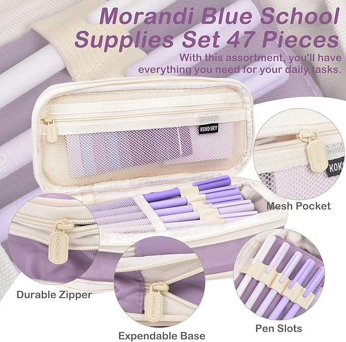 ChezAbbey 47Pcs Aesthetic School Supplies with Pencil Pouch - Cute College Essentials Set, Big Capacity Pen Case, Pastel Highlighters, Bible Study Journaling Stationary Kit (Purple)