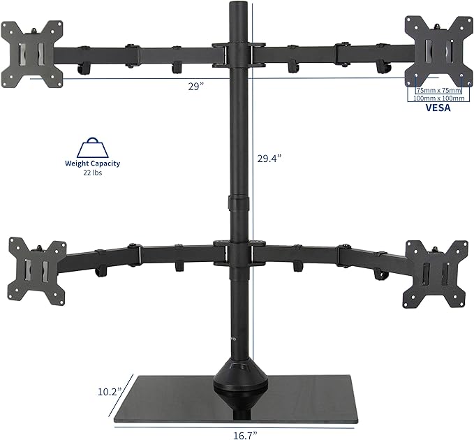 VIVO Black Adjustable Quad Monitor Desk Stand Mount, Free Standing Heavy Duty Glass Base, Holds 4 Screens up to 27 inches, STAND-V004FG