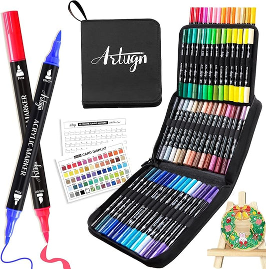 60 Colors Acrylic Paint Pens, Dual Tip Pens With Fine Tip and Brush Tip for Rock Painting, Ceramic, Wood, Plastic, Calligraphy, Scrapbooking, Brush Lettering, Card Making, DIY Crafts