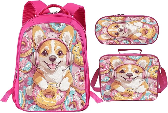 Corgi Donuts Backpack Set 3 Piece School Bags and Lunch Box with Pencil Case Pink Cartoon Dog Donut Animal Bookbag Set for Toddler Kids Girls Boys Teens Kindergarten Elementary Middle