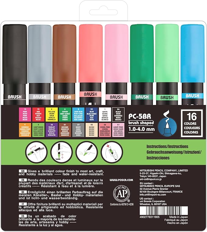 POSCA PC-5BR Water-Based Paint Markers, Reversible Brush Tip (1.0-4.0mm), Assorted Colors, 16 pack