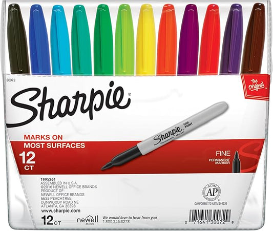 Sharpie Permanent Markers, Fine Point, Assorted Colors, 12 Count - School, Office, Arts & Crafts, Desk Supplies