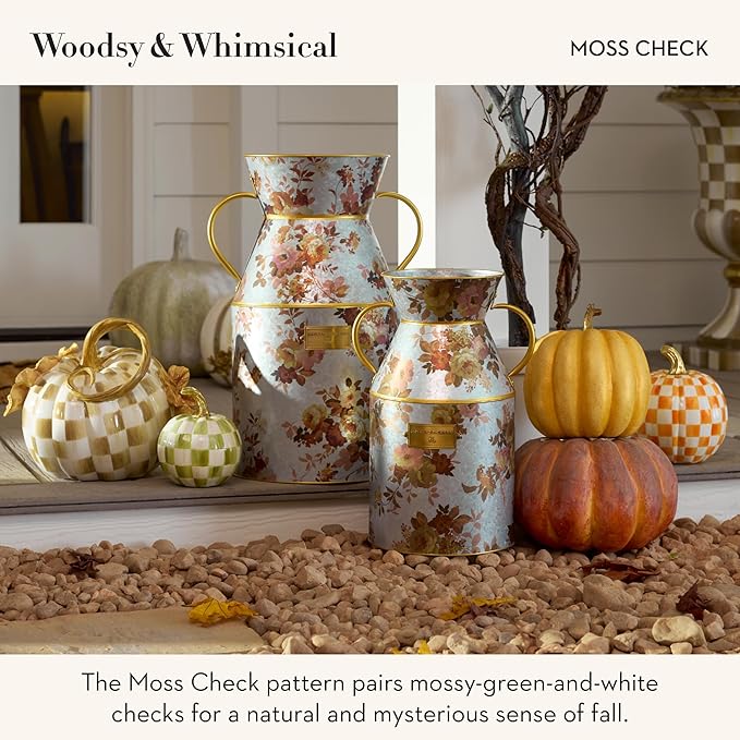 MACKENZIE-CHILDS Pumpkin, Resin Halloween and Fall Decor, Small, Olive-Green Moss Check
