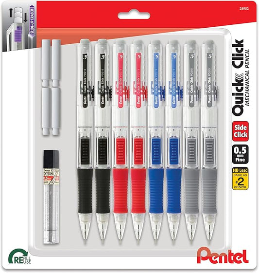 Pentel Quick Click Mechanical Pencil, (0.5mm), Includes Refill Lead and Erasers, Pack of 8 Pencils (PD215LEBP8)