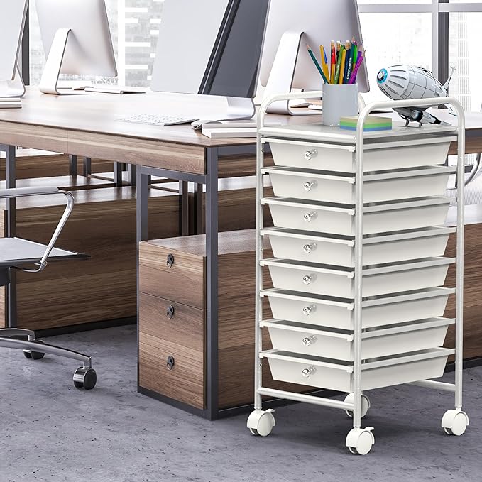 Simple Houseware Utility Cart with 8 Drawers Rolling Storage Art Craft Organizer, White