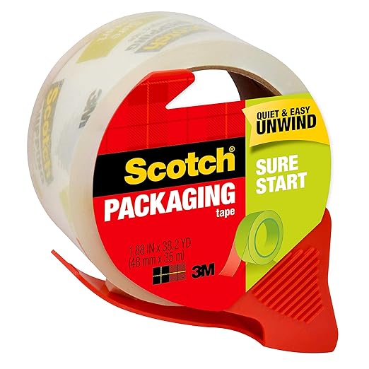 Scotch Sure Start Shipping Packaging Tape, 1.88" x 38.2 yd, Designed for Packing, Shipping and Mailing, Quiet Unwind, No Splitting or Tearing, 1.5" Core, Clear, 1 Dispensered Roll (Pack of 2)