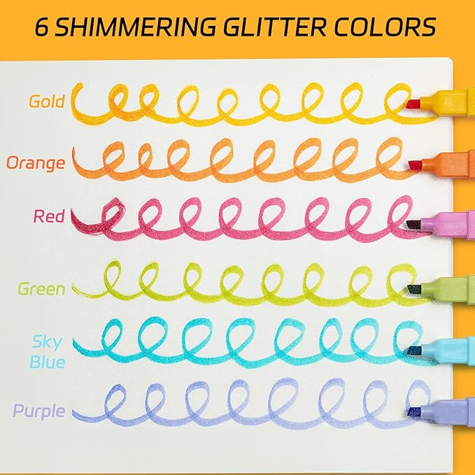 M&G HI-CUBE Glitter Highlighters, 6 Pack Vibrant Colors with Glitter Ink, No Bleed Soft Chisel Tip for Bible Study, Cute Aesthetic Highlighters for Journaling, Planners & Notes