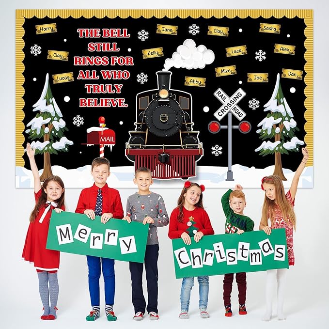 Christmas Train Bulletin Board Decoration Set Christmas Polar Golden Tickets Name Tag Xmas Movie Train Theme Cutouts for Classroom School Home Chalkboard Office Winter Holiday Party Decor Supplies