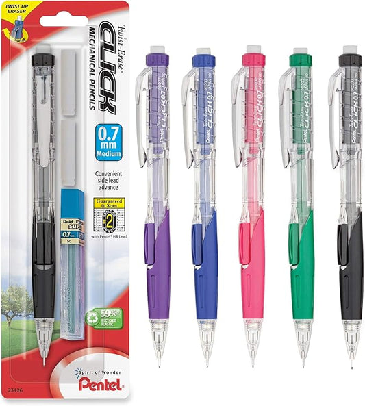 Pentel Twist Erase CLICK Automatic Pencil with 2 Eraser Refills and Lead, 0.7mm, Assorted Barrels, 1 Pack (PD277TLEBP)