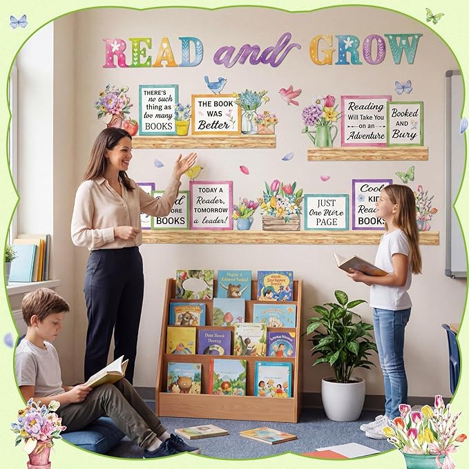 Qilery Read and Grow Spring Bulletin Board Set Classroom Decorations - Floral Book Cutouts for Reading Corner Library - Motivational Literacy Wall Art for Elementary School Teachers & Counselors