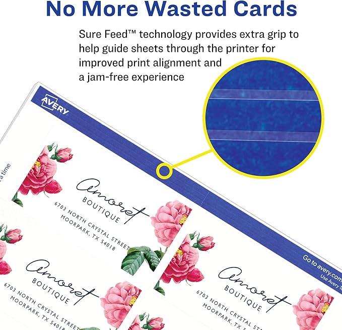 Avery Printable Business Cards with Sure Feed Technology,2" x 3.5",White,250 Blank Business Cards,Inkjet Printer Paper (08371),(Pack of 5)