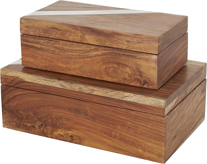 Deco 79 Mango Wood Decorative Box Decorative Keepsake Boxes with Silver Diagonal Stripes, Set of 2 Storage Boxes, Brown